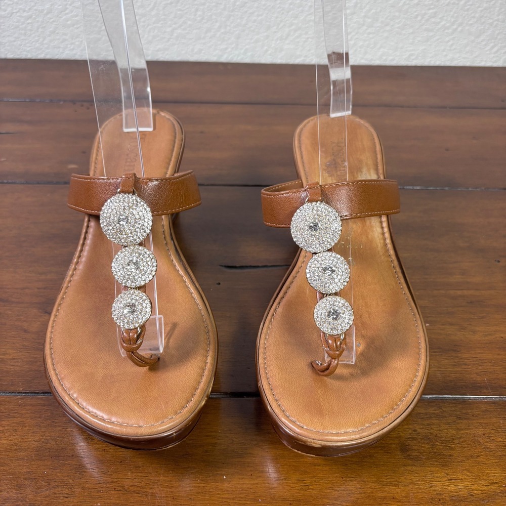 Toscanella Wedge Sandals Womens 8 Brn Leather Crystal Embellished Made in Italy